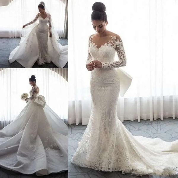 Mermaid Wedding Dresses Sheer Neck Long Sleeves Illusion Full Lace Applique Bow Overskirts Button Back Chapel Train Bridal Gowns Bc0093