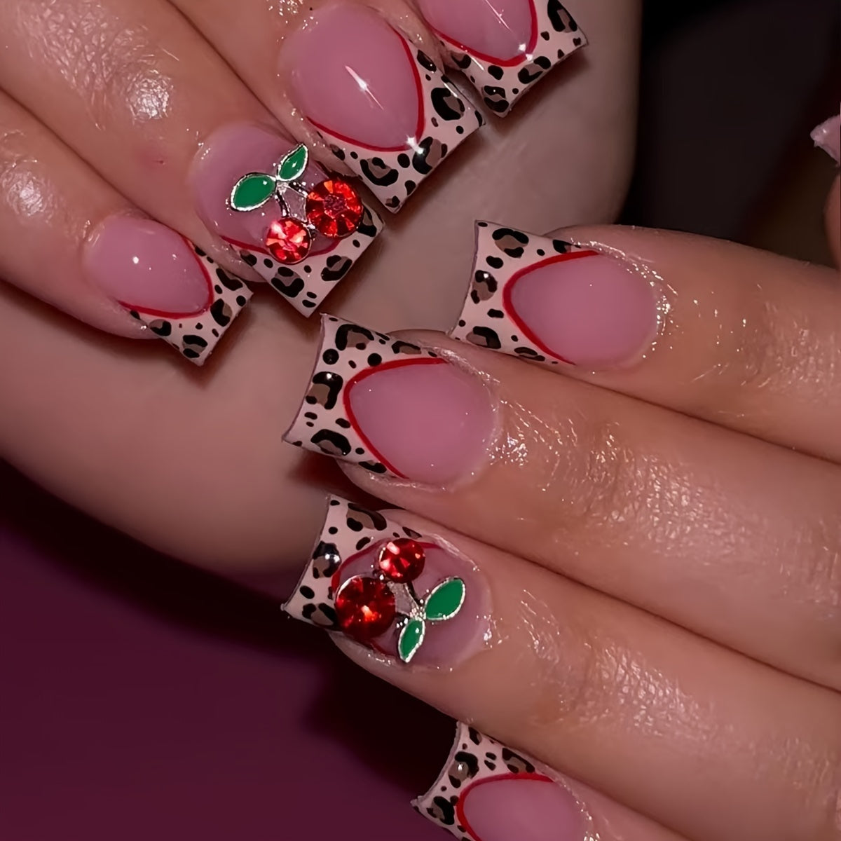 TEMU 24pcs French Leopard Print Press-on Nails With Cherry Rhinestones - Medium Square, Glossy Finish, Includes Jelly Adhesive & Nail File For Easy