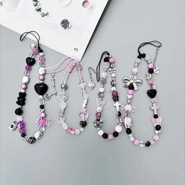 Cell Phone Straps Charms Y2K Metal Love Bear Bead Phone Chain Strap Earphone Case Hanging Pendant Lanyard Rope For Iphone Jewelry Accessorie