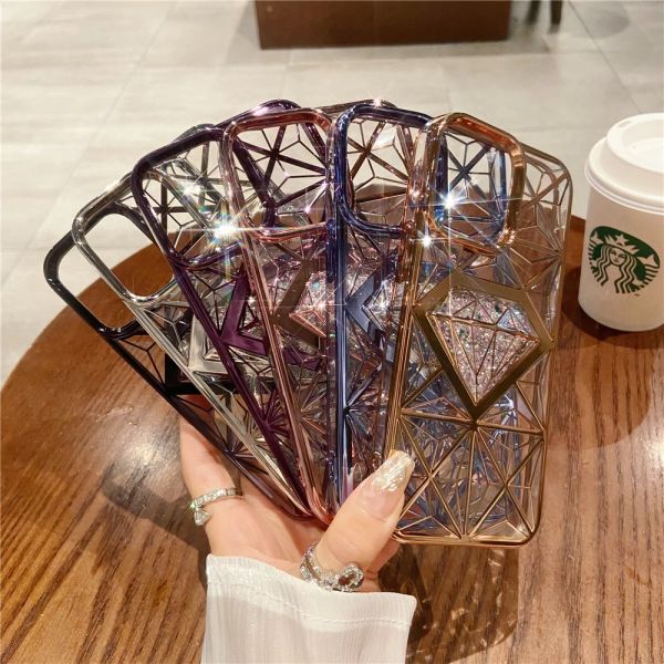 Sparkle Glitter Plating Phone Cases For iPhone 13 11 12 14 15 Pro Max 14Plus 15plus Bling 3D Diamond Pattern Soft TPU Shockproof Back Cover