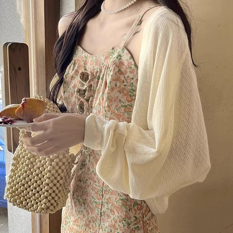 K1094 Apricot hollow knitted cardigan jacket for women summer 2024 new style cardigan outerwear shawl top ice silk sunscreen shirt