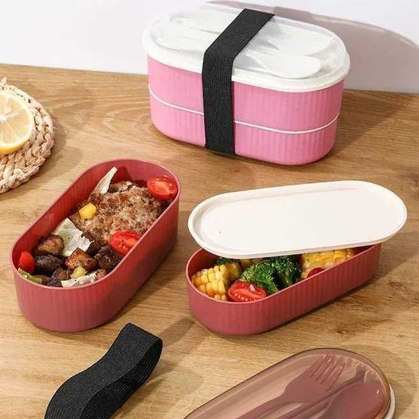 Double Layer Portable Lunch Box with Fork and Spoon Microwave Bento Boxes Dinnerware Set Food Storage Container Y240919