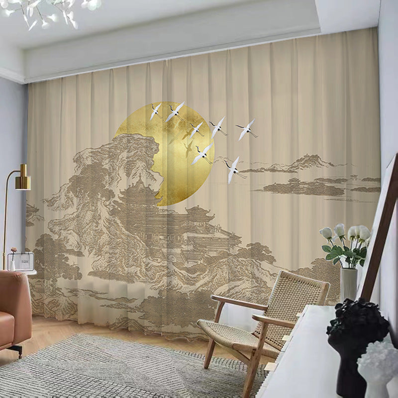 YL-37044 Chinese style ink landscape painting, new Chinese style curtains, new mesh curtains, classical and simple living room window curtain