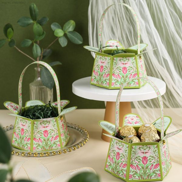 Gift Wrap 20 Pcs-Lot Creative Handheld Flower Basket Wedding Candy Box Festive Small Gift Wrapping Paper Box Open Hexagon Box with Raffia 23