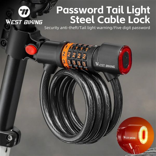 WEST BIKING Bicycle Steel Cable Lock 5 Digit Password With Taillight Anti-Theft Safety Lock Motorcycle MTB Road Bike Accessories 241212