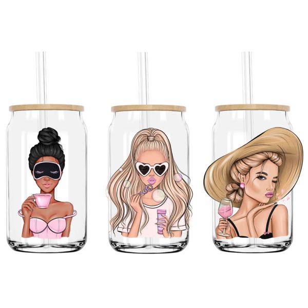 Drinking Lady Coffee Girl UV DTF Transfers Stickers Decals For Libbey Cold Cups Mugs Tumbler Waterproof DIY Craft