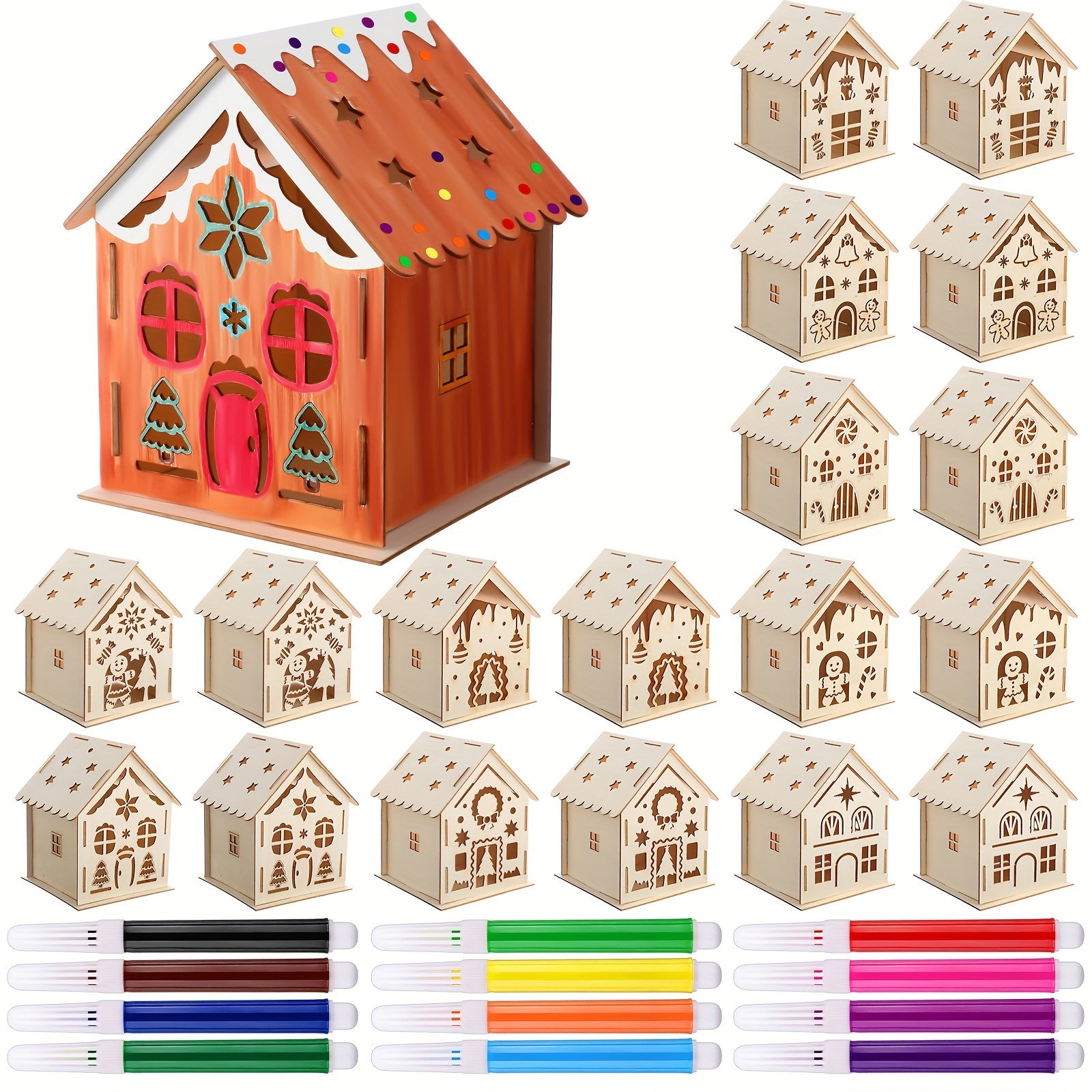 TEMU 18 Sets Wooden Christmas Houses And Watercolor Pens Christmas Graffiti Crafts Gingerbread Wooden Houses Christmas Tree Ornaments For S Diy Paint