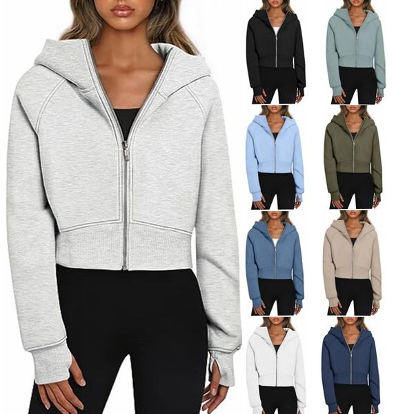 2025-- Hoodie Women Fleece Thickened Yoga Jacket Short Full Zipper Sport Hooded Loose Coat Sweatshirt