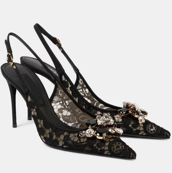 Famous Designer Women Rainbow Slingbacks Sandals Shoes Lurex Lace Mesh Colorful Crystals Pointed Toe Pumps Party Wedding Dress High Heels EU