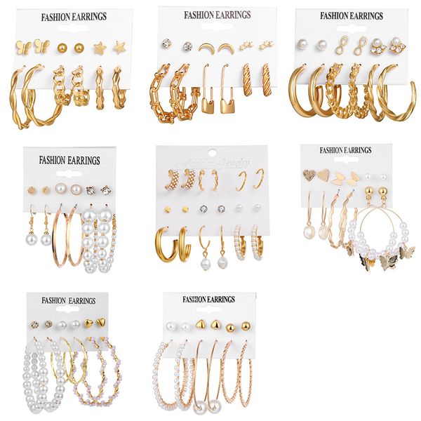 Women&#039;s Crystal-Embellished Rock Style Hoops Earring Set of 6 Pieces for Bulk Purchases 2025 New In Stainless Steel Gold Plated Pearl C