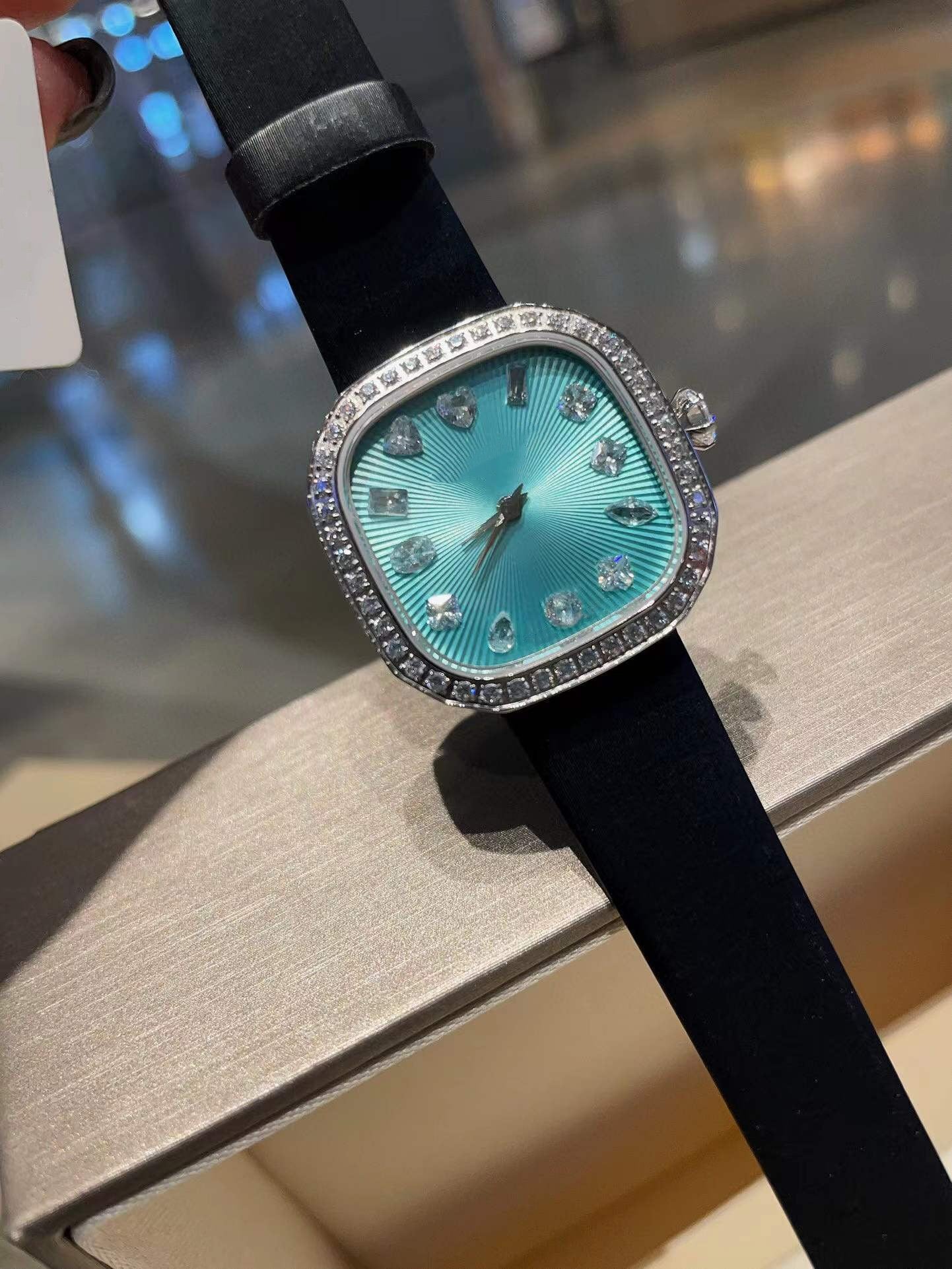 women fashion 28mm movement Quartz wristwatch special pear heart oval diamond watch sapphire clock black silk ribbon strap square dail high quality