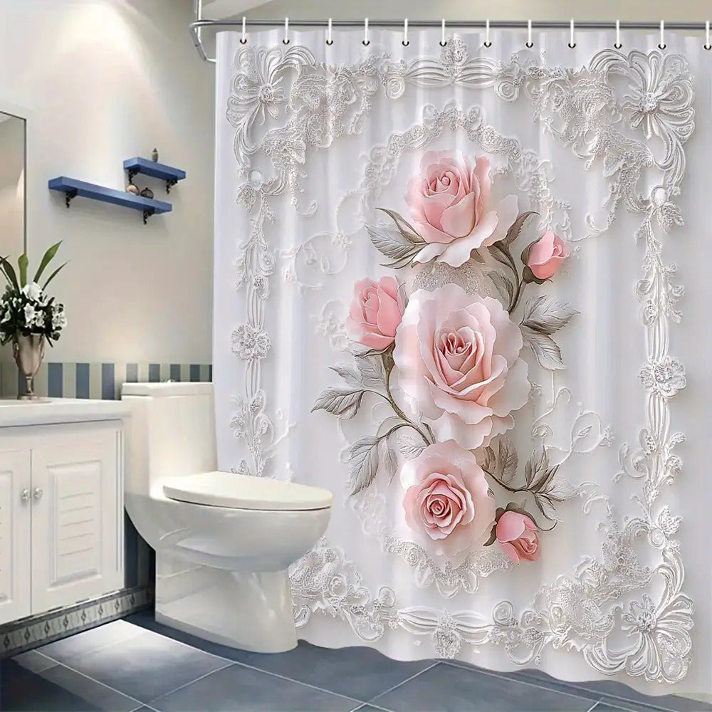 TEMU 1pc Elegant Shower Curtain - Vintage Floral Bathroom Decor With Soft & Silvery Leaves, Large Bath Curtain (179.98x179.98cm-70.7x70.7in) Includes