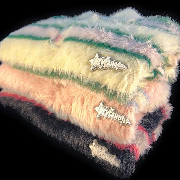 Mohair Sweater Y2K Streetwear Striped Sweater Hip Hop Men Long Sleeve Pullovers Outwear Man Sweaters Loose Knitting Clothing 240814