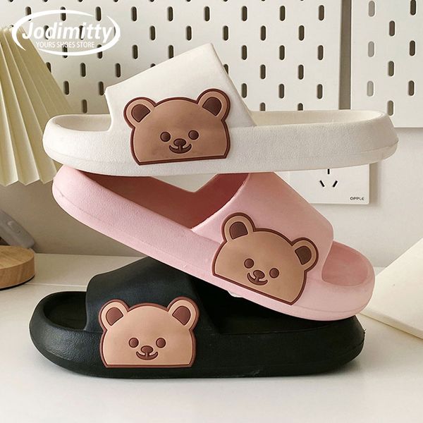 Women Summer Slippers Beach Slides Fashion Cartoon Bear Flip Flops Men Thick Sole Indoor Bathroom Anti-Slip Shoes Couple Sandals