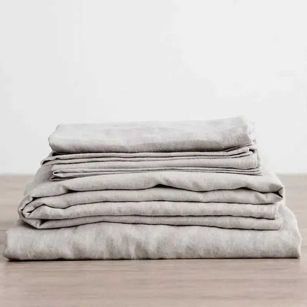 3 pieces of 100% washed linen bed sheet set natural flat bed sheet 2 pillowcases breathable soft farmhouse bed sheet W240801