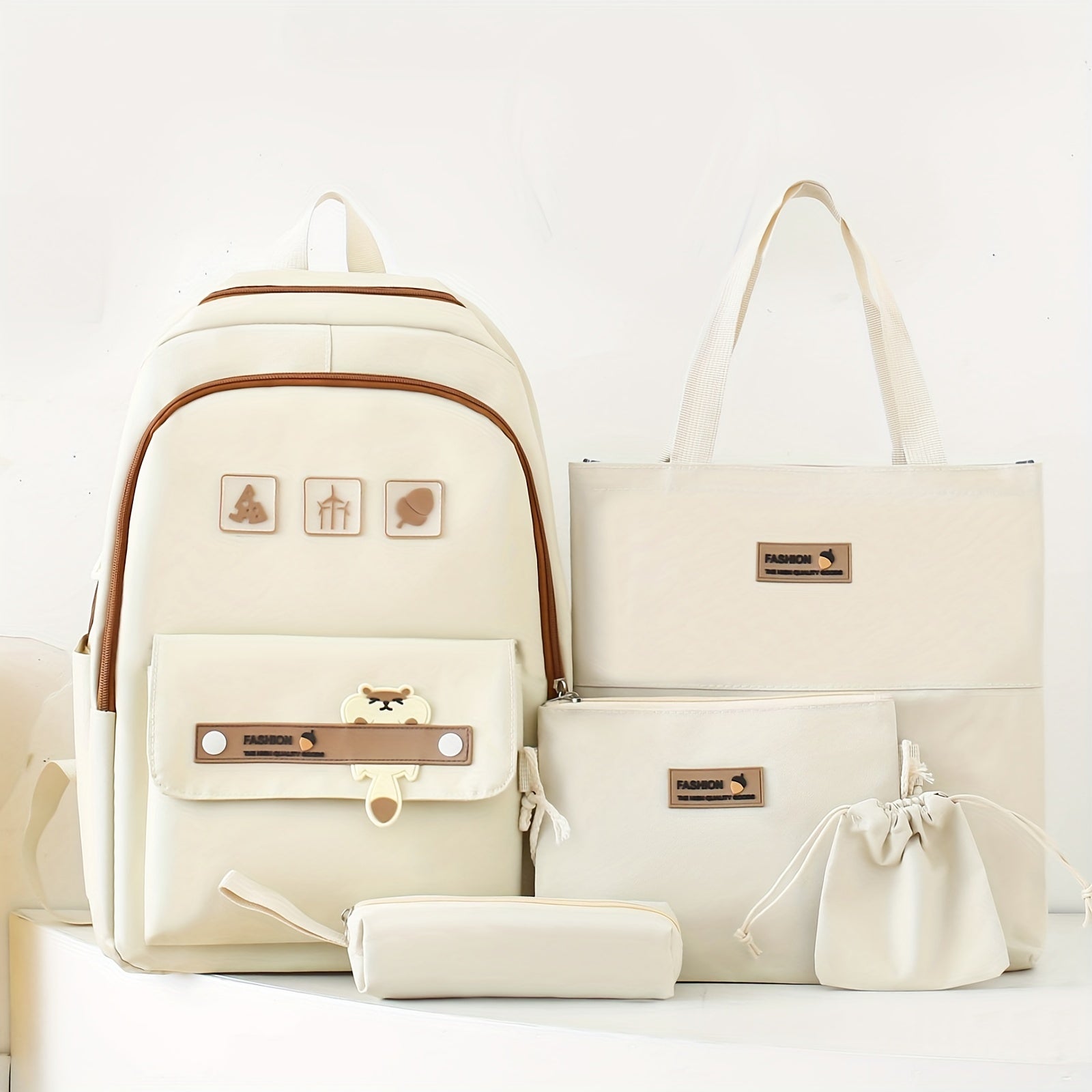 TEMU 5pcs Cute Cartoon School Backpack, 1set Preppy Style Travel Bookbag With Tote Bag Crossbody Bag Pencil Case And Drawstring Storage Bag