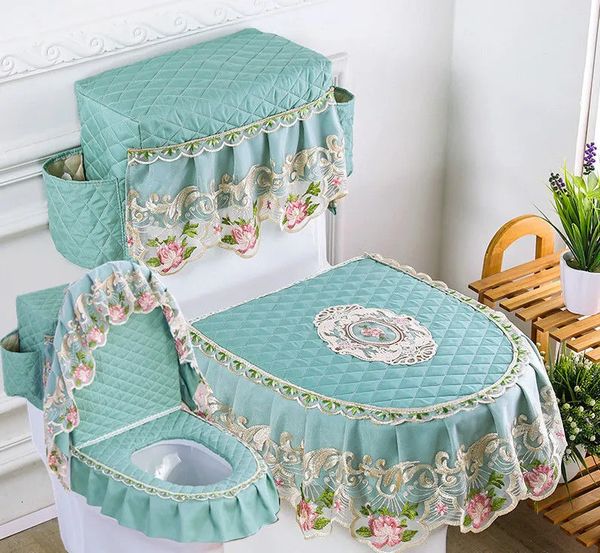 Toilet Seat Covers Fyjafon 3pcs Toilet Seat Cover Washable Embroidery Toilet Cover Tank Cover with storage bags Printed Lace Bathroom Toilet
