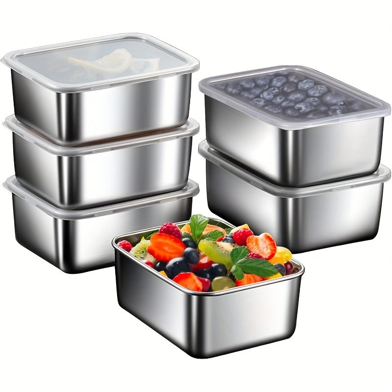 TEMU 6pcs Stainless Steel Food Storage Set - Square, Manually Covered, Suitable For Microwave Ovens - Suitable For Meal Preparation And Outdoor