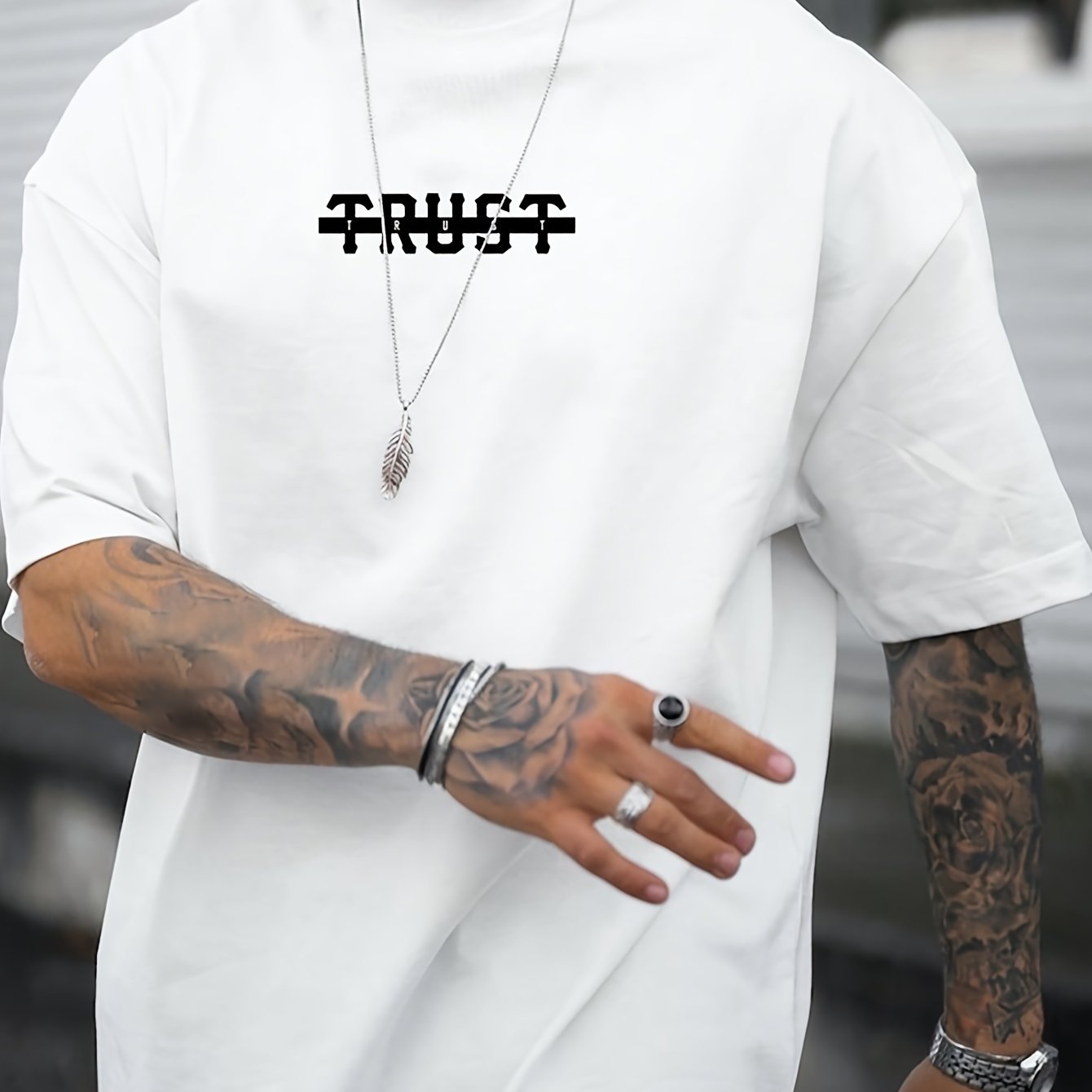 TEMU Men's Casual Short Sleeve T-shirt With Letter Print - White Regular Fit Summer Streetwear Essential, Round Neckline, Relaxed Fit Shirt