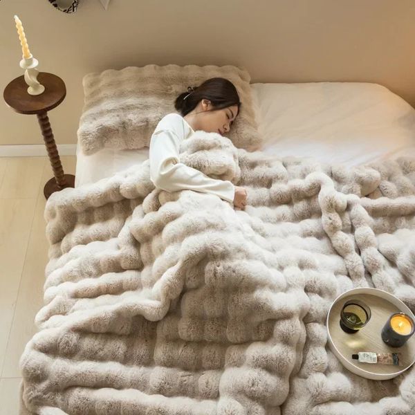 Soft and Cozy Toscana Rabbit Fur Blanket With Double-sided Bubble Fleece - Perfect for Office Nap and Sofa Cover Warm Winter Bed 240921
