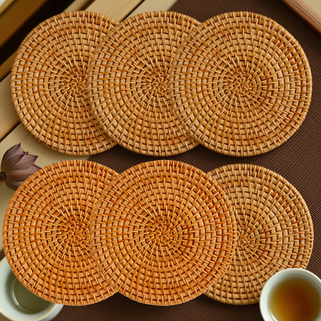 TEMU 6pcs Set Handcrafted Rattan Woven Coasters, Heat-resistant, Non-slip Drink Mats For Kitchen & Dining Room Decor, Tabletop Protection(excluding