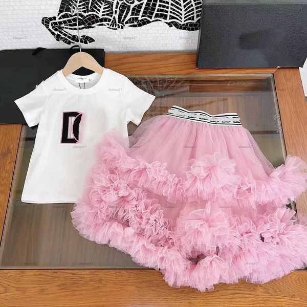 Top skirt set kid sets kids designer clothes girls Round neck Pure cotton letter embroidery t-shirt cake Net yarn skirts suit baby clothes