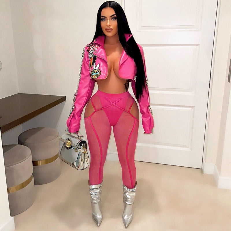 STYLISH LADY PU Leather Chain Cardigan Jackets 2024 Autumn Women Long Sleeve Turn Down Collar Embroidery Motorcycle Style Hip Hop Short Jackets Outw