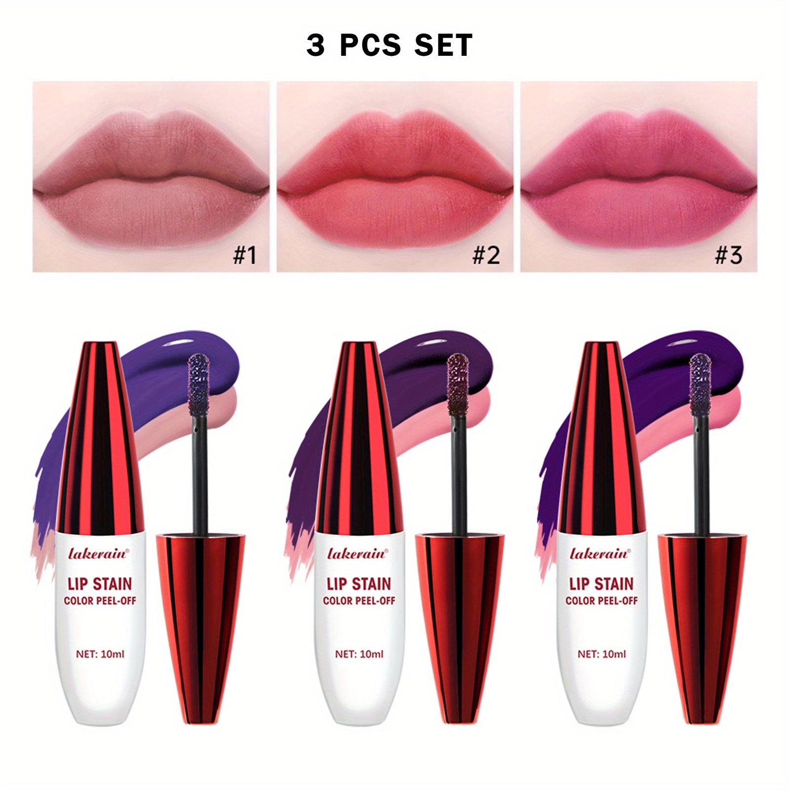 TEMU 3pcs Set -off Lip Stain - Long-lasting Matte Liquid Lipstick, Waterproof And , Easy -off Application, Pigmented For Vibrant Color, Non-drying