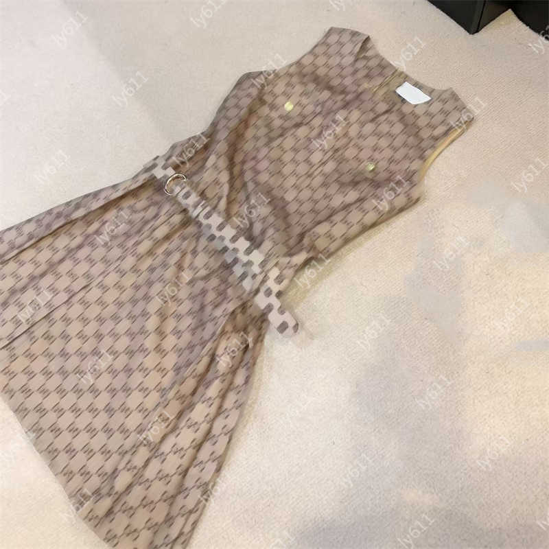 Designer Cocktail Vintage Dress with Logo Print Summer Elegant Round Neck Sleeveless Mini Dress Classic Above-Knee Length with Adjustable Belt for R