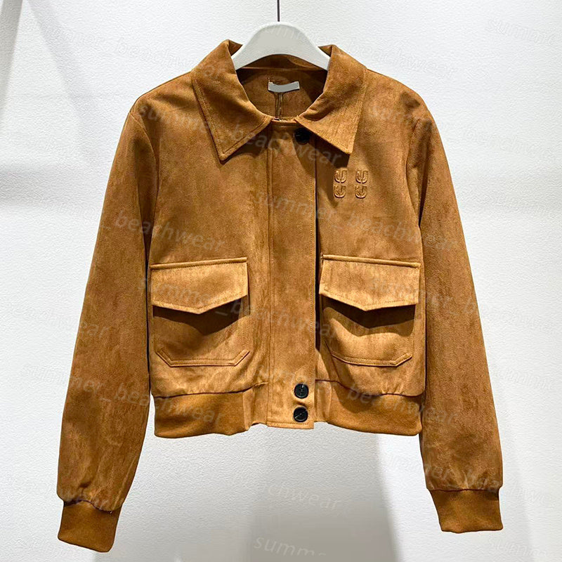 Women Imitation Suede Jacket Designer Letter Short Zipper Coat Brand Maillard Style Trend Outerwear