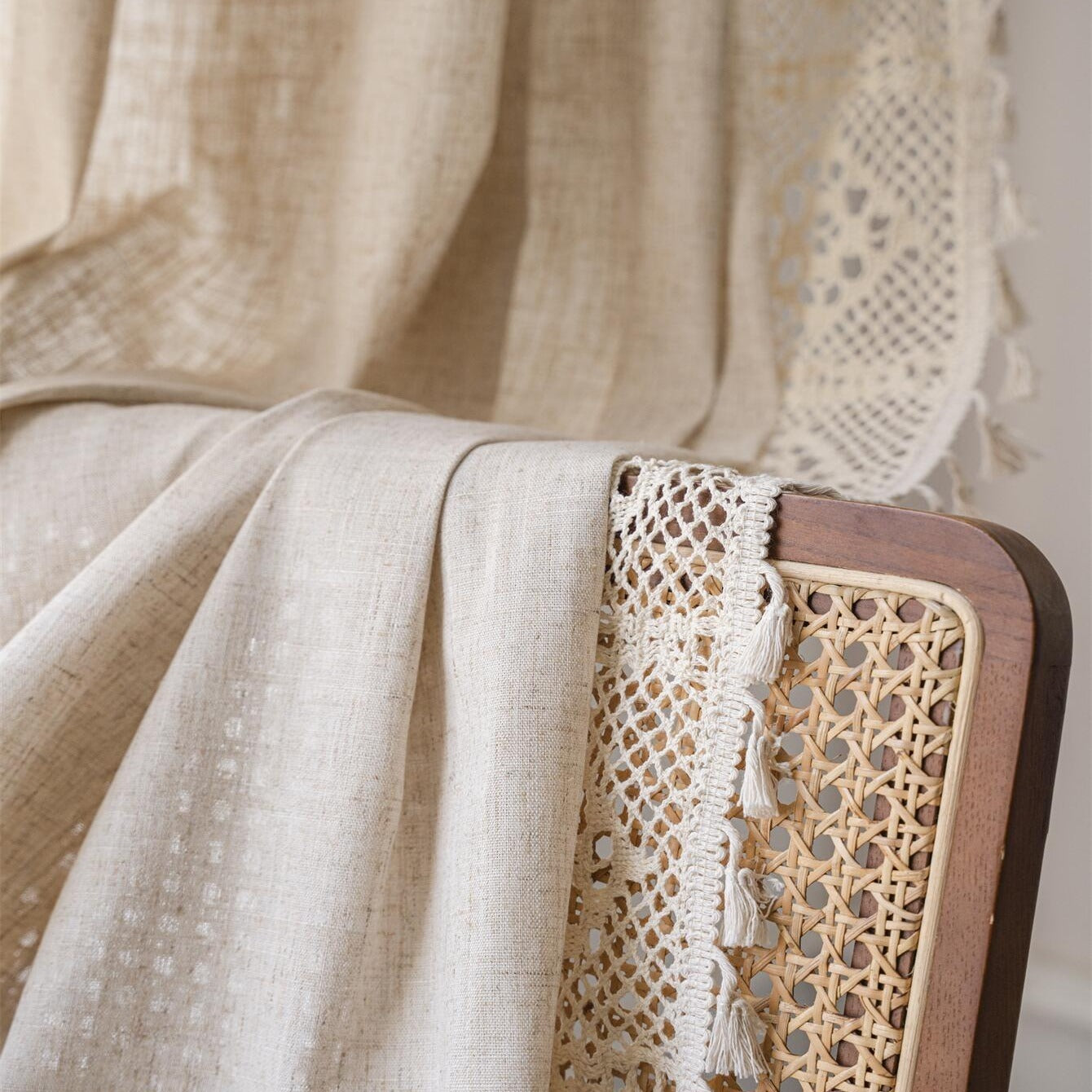 TEMU 1 Panel Boho Pure Linen Semi-blackout Curtain, Style For Living Room Bedroom Bay Window Dining Room Or Kitchen Rod Pocket Square Crochet Hollow