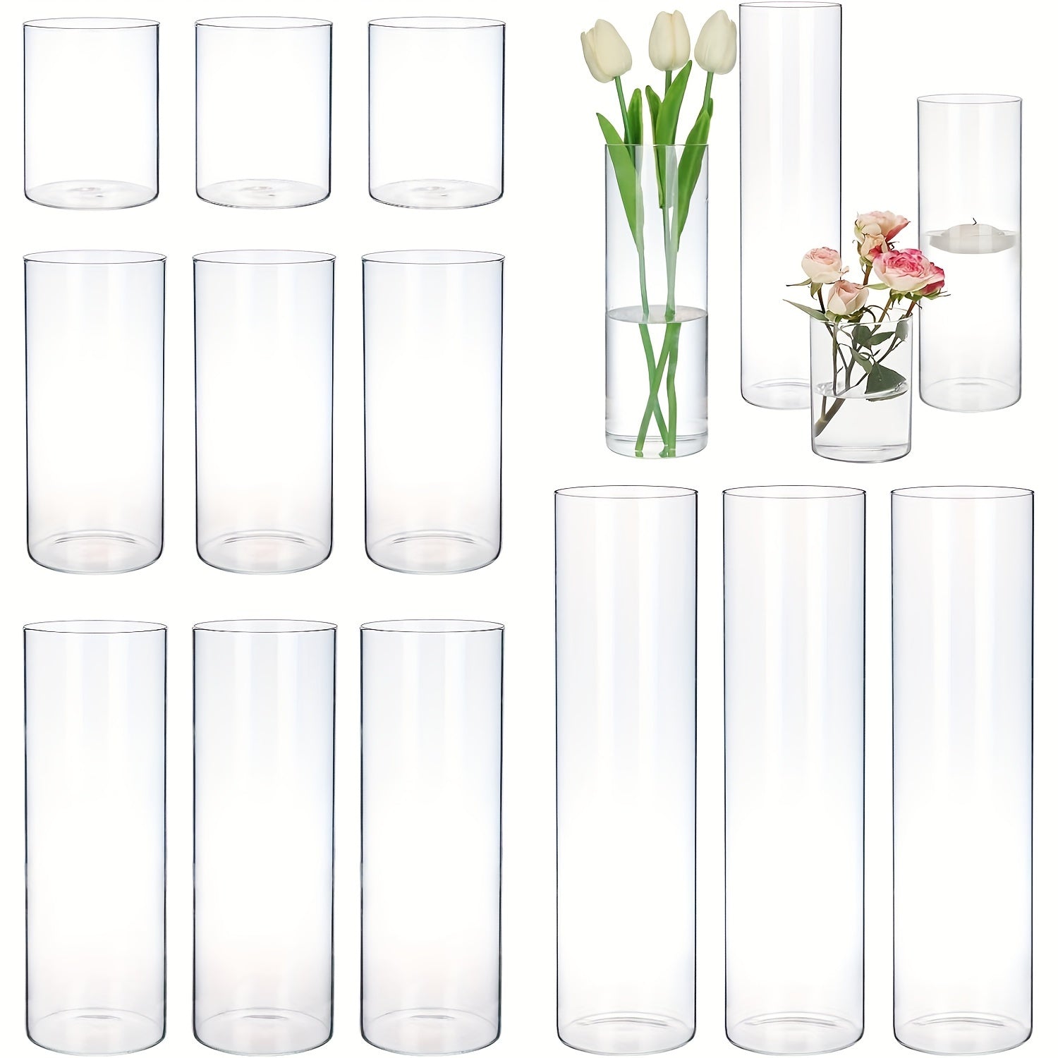 TEMU Tomnk 12-24pcs Glass Cylinder Vase 4, 6.8, 9, 12 Inch Glass Candle Holder Clear Vases For Centerpieces Tall Flower Vase For Wedding Home Decor