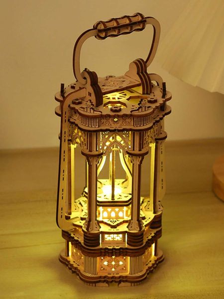 3D Wooden Puzzles DIY Rotating Vintage LED Lantern Hands-on Activity Desk Decor Gifts for Teens Y240812