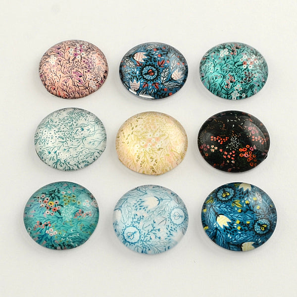 Cabochons en verre motif fleurs et plantes à dos plat