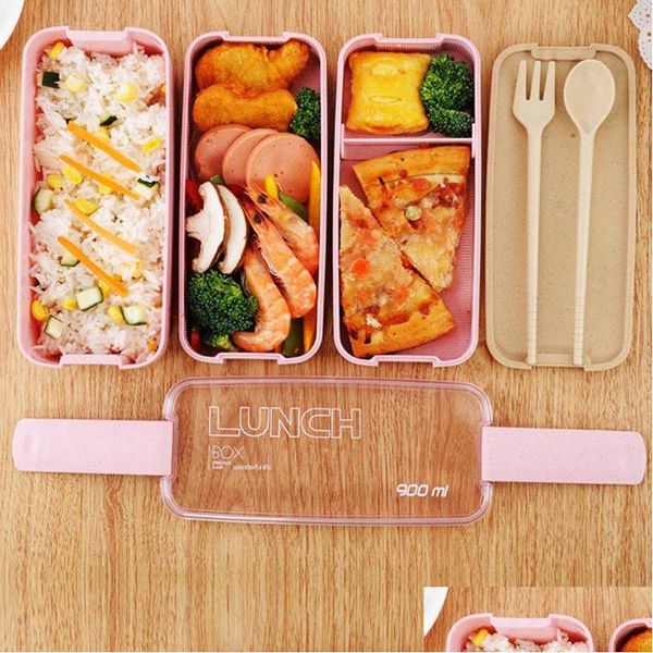 Lunch Boxes Bags Healthy Material Box 3 Layer 900Ml Wheat St Bento Boxes Microwave Dinnerware Food Storage Container Lunchbox Vf0001 Dhvlq
