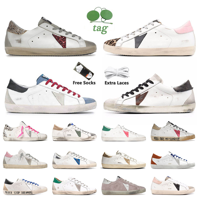 Women Designer Casual Shoes Red Glitter goldens sneakers Slip On Italy Brand Cloud White Pink Leopard Grey Patch Platform Loafers Luxury Leather Fla