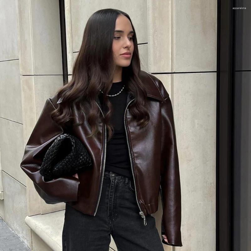 Womens Jackets Reddish Brown Faux Leather Jacket Outerwear 2025 Autumn Winter Turn-down Collar Thicken Zipper Lapel Pu Women Coats