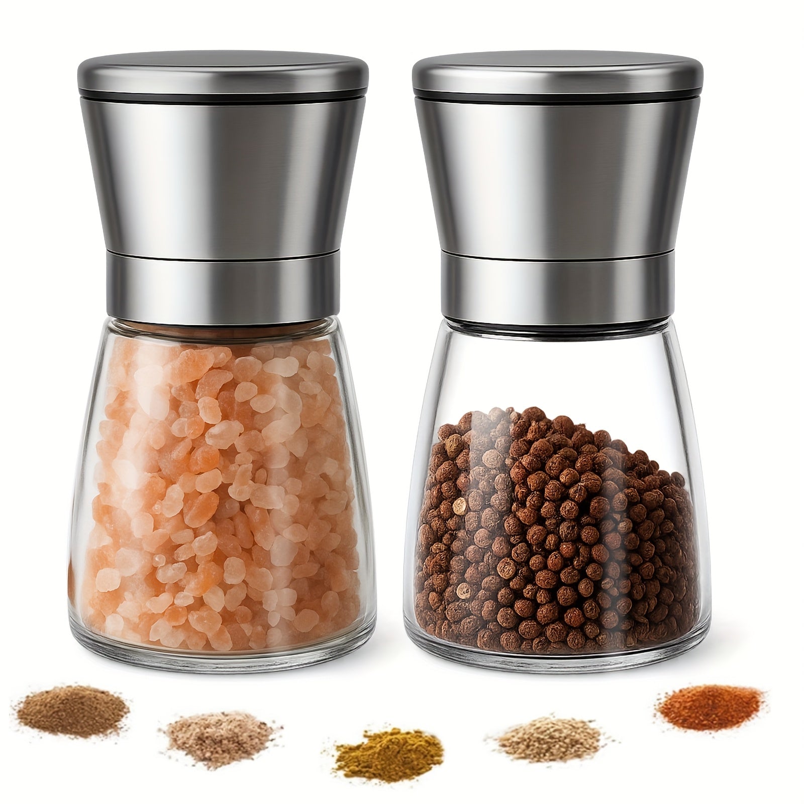 TEMU Short Stainless Steel Salt And Pepper Grinder Set, 2pcs Adjustable Coarseness Pepper Grinder, Short Glass Spice Shakers, Kitchen Seasoning