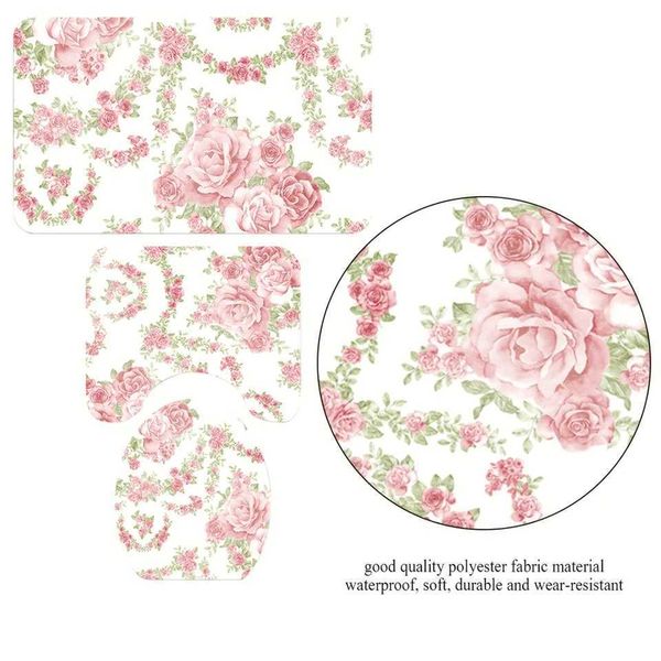 3-Piece Floral Bathro Mat Set - Waterproof Polter Toilet Seat Cover Lid Cover Non-Slip Bath Rug - Lightweight Cushions H Z250115