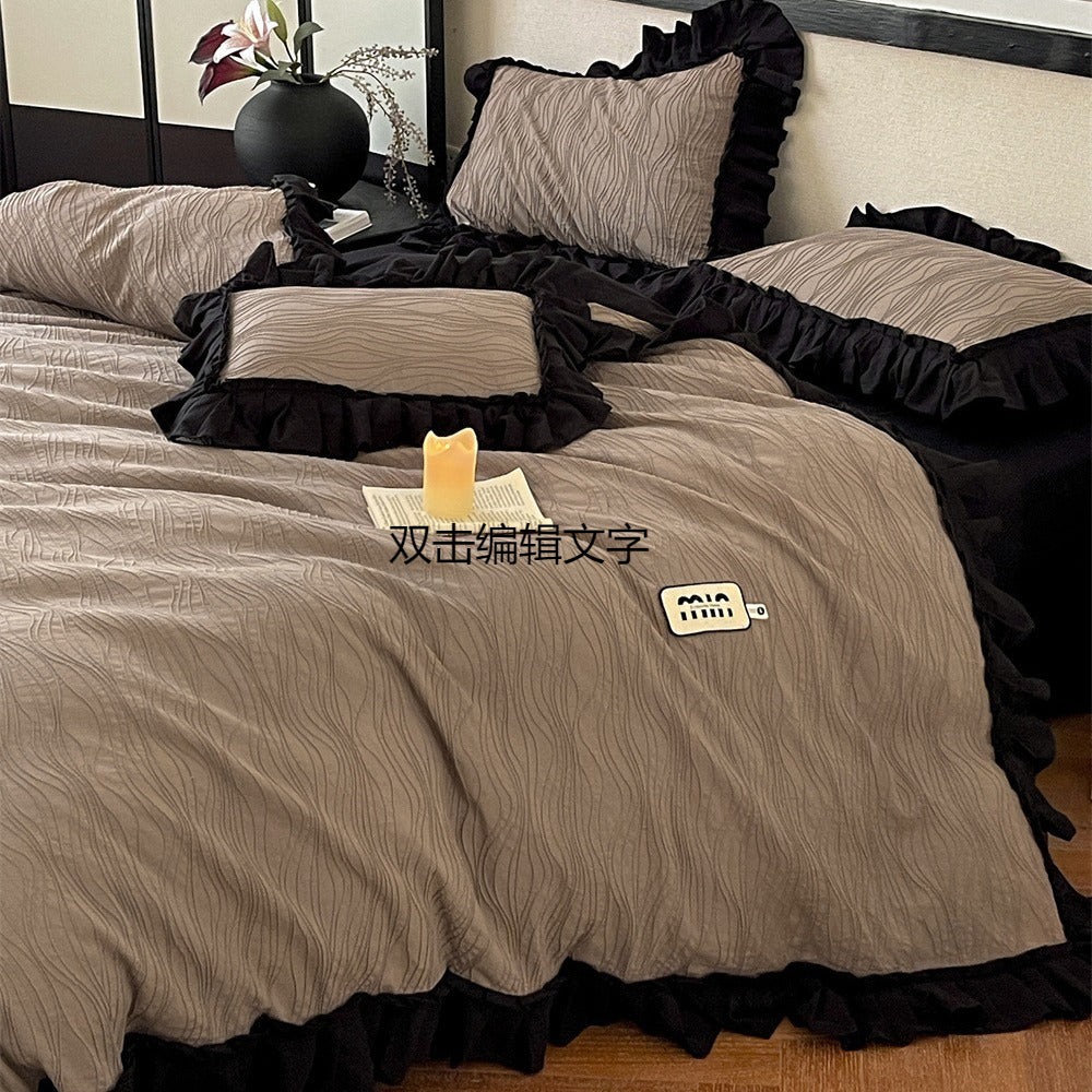 Retro Light Luxury Cotton Washed Cotton Simple Solid Color Lotus Leaf Lace Duvet Cover Bedding R2