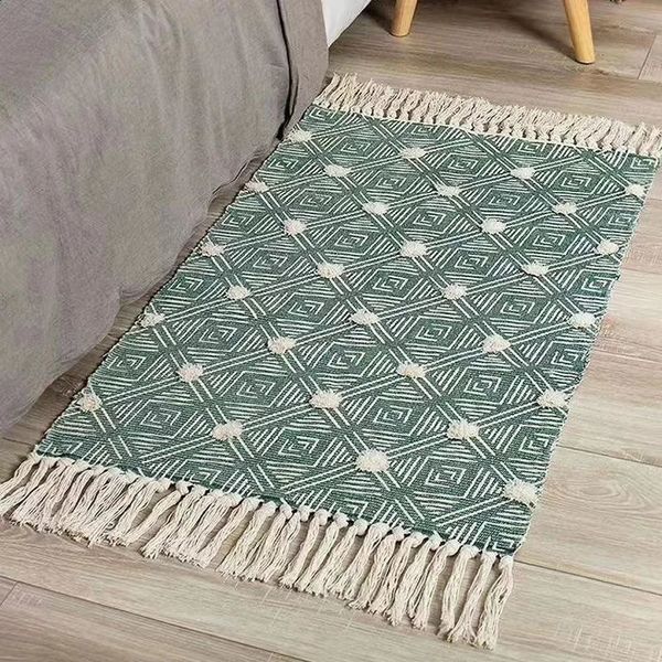 Hand Woven CottonRetro Bohemian Linen Carpet Tassel Rug Geometric Floor Mat Bedroom Tapestry Decorative Blanket Area 241210