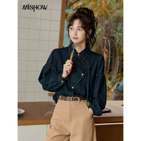 MISHOW Retro Slng Front Button Denim Shirts 2024 Autumn Slim Commuting Lapel Shirt Versatile Bubble Sleeve Tops Mxd42c0285