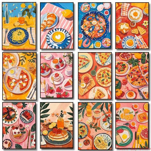 Pizza Strawberry Pancakes Coffee and Croissant Seafood Canvas Painting Wall Poster Print Bar Kitchen Home DecorM240722