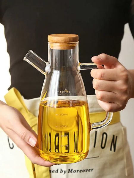 650-1000ml household creative glass dispenser oil bottle with scale and handle kitchen soy sauce vinegar seasoning storage container 240819