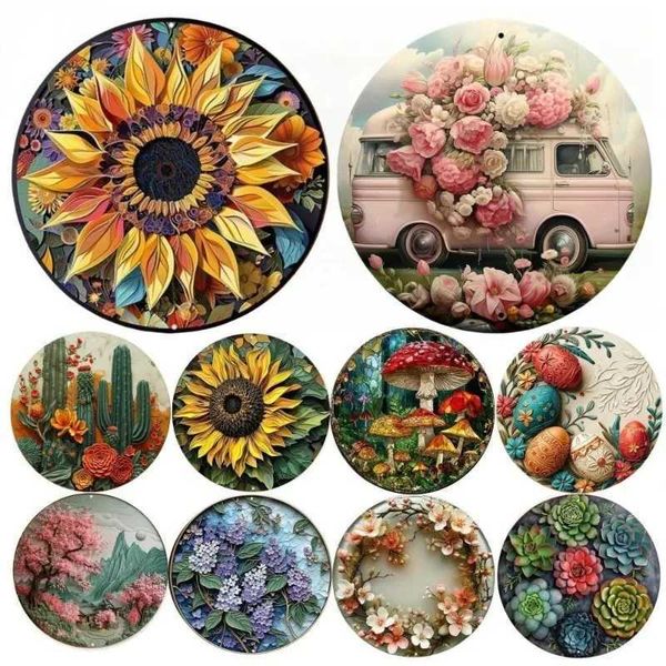 Round Metal Tin Poster Sign Art Flower Wreath Decorative Retro Metal Sign Plaque Poster for Bar Cafe Club Home Room Wall DecorXJ250116