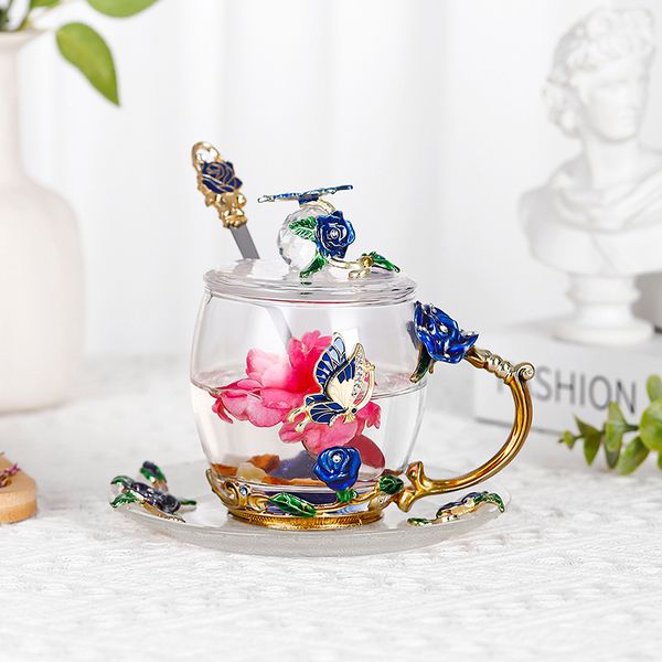 Rose coffee cup Round enamel color water cup high temperature resistant crystal glass light luxury transparent tea cup