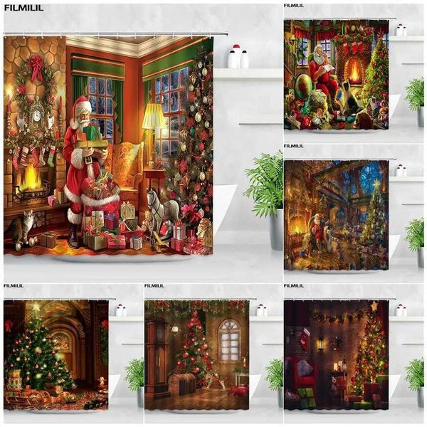 Shower Curtains Retro Oil Painting Christmas Shower Curtains Santa Claus Garland Xmas Tree Vintage Fireplace New Year Decor Bathroom Curtain
