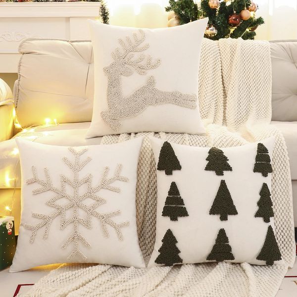 1 PC Christmas Decoration Throw Pillow Case Cover Embroidery Canvas Tufted Snowflake Reindeer 241111