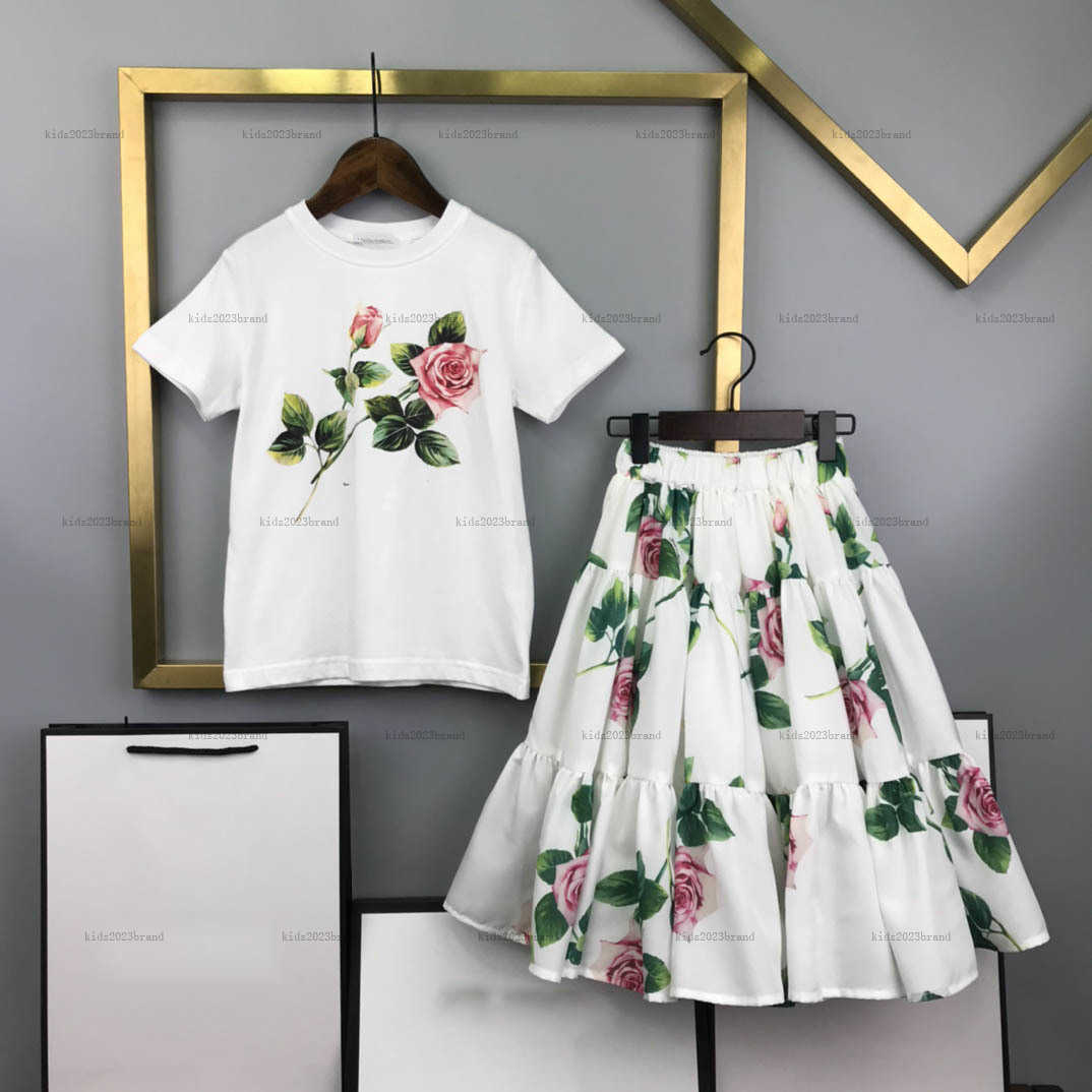 girls dress suit Colour flower printing baby two-piece Summer kids designer clothes T-shirts and Long skirts A01X02N030