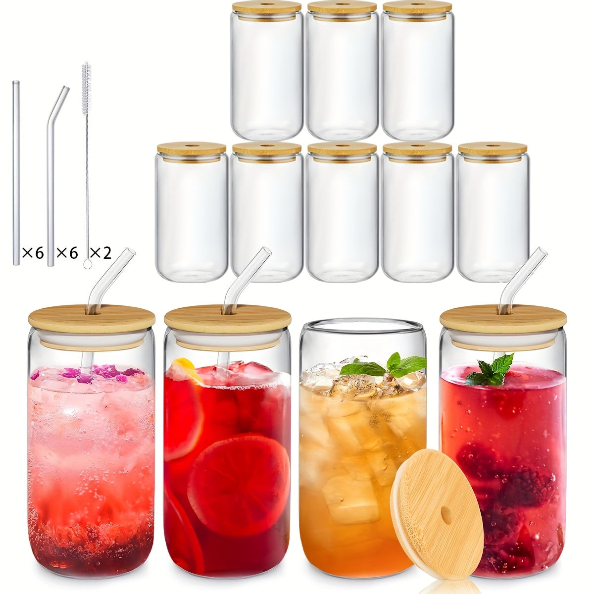 TEMU 12-16pcs Glasses, 16oz Glass Drinking Mug With Bamboo Lid And Glass Straw For Ice Mugs Americano, Juice, Milk - Comes With 2 Straw Cleaning